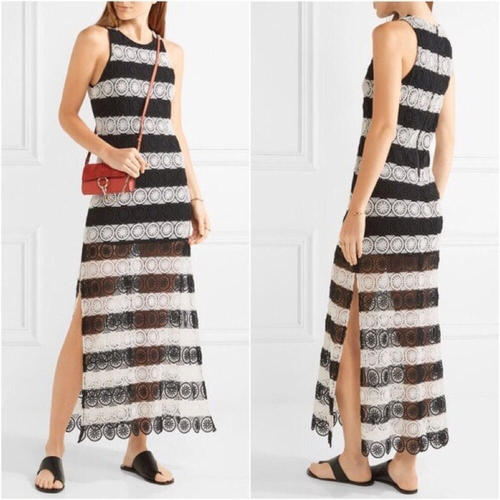 ALICE + OLIVIA Lucia Black White Crochet Racerback Slit Maxi Dress | Small